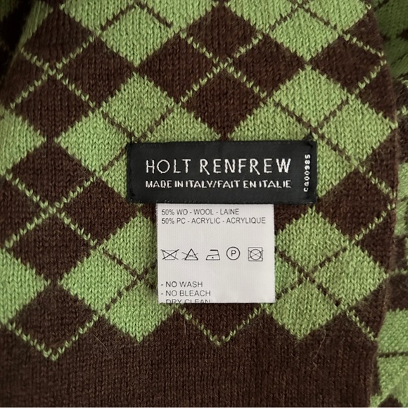 HOLT RENFREW Italian Green & Brown Wool Scarf - Picture 2 of 3